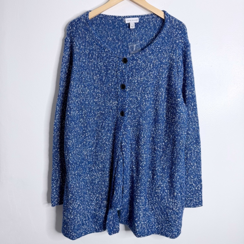 NWOT SUSAN GRAVER‎ Knit Sweater Button Front Cardigan Blue White 2X w/ Pockets